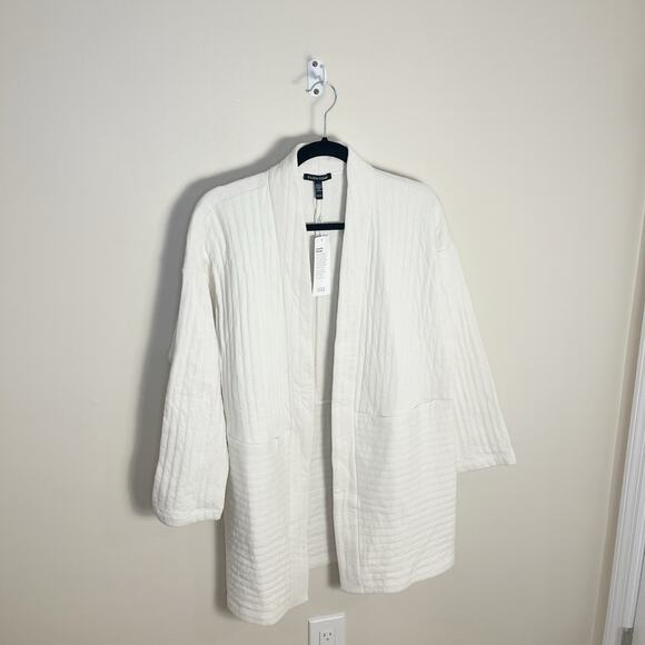 New Eileen Fisher Soft White High Collar Long Blazer Jacket Medium Petite - Picture 7 of 8